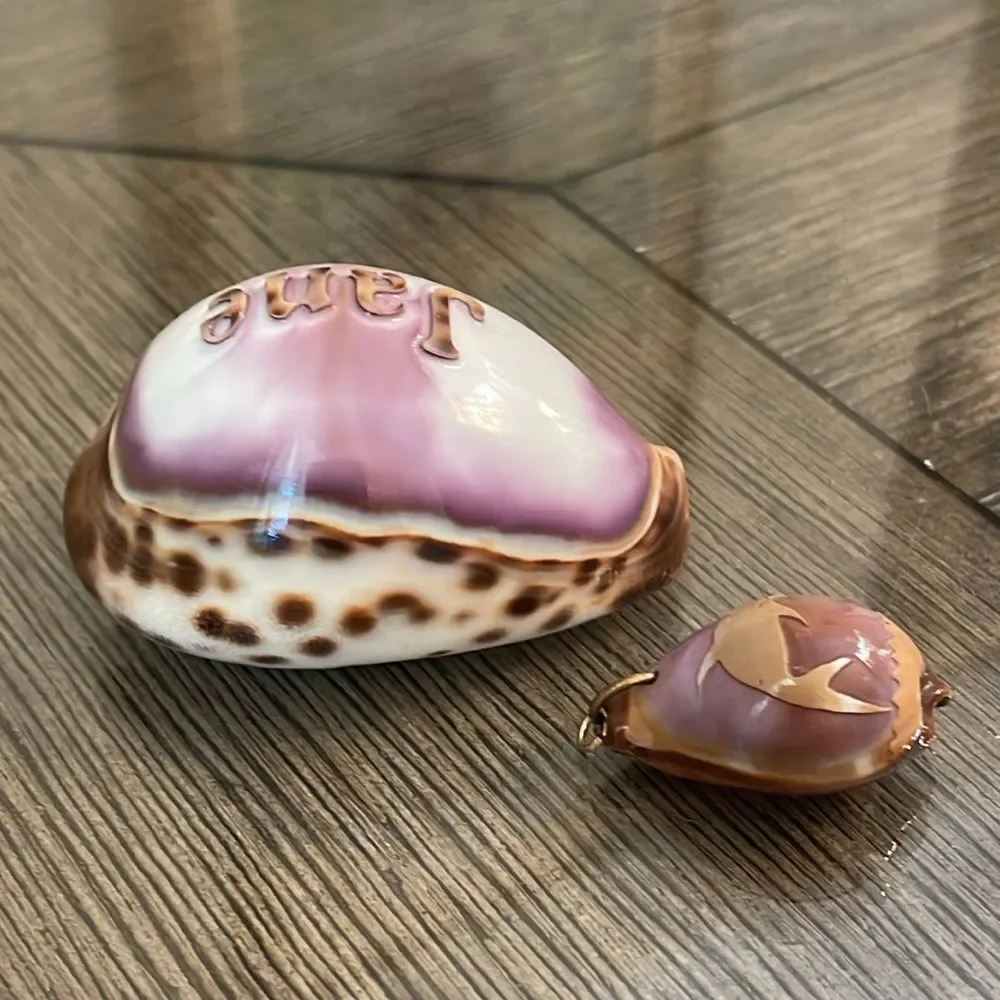Vintage Engraved Tiger Cowrie Shell With “Jane” & Dolphin Pendant